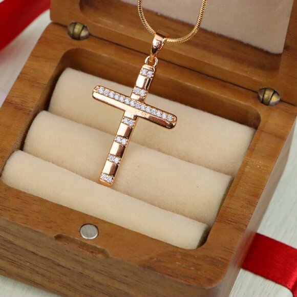 "Rose Gold Cross Pendant with CZ Stripes in Geometric Modern Design, XPPT1821 - Picture 9 of 12